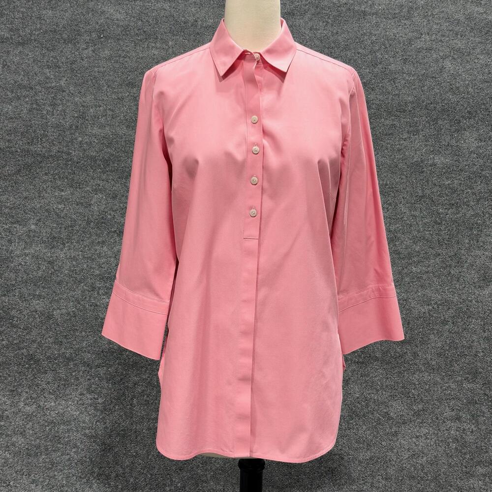 Foxcroft Shirt Womens 8 Pink Solid Button Front 3/4 Sleeve Cotton Tunic Top